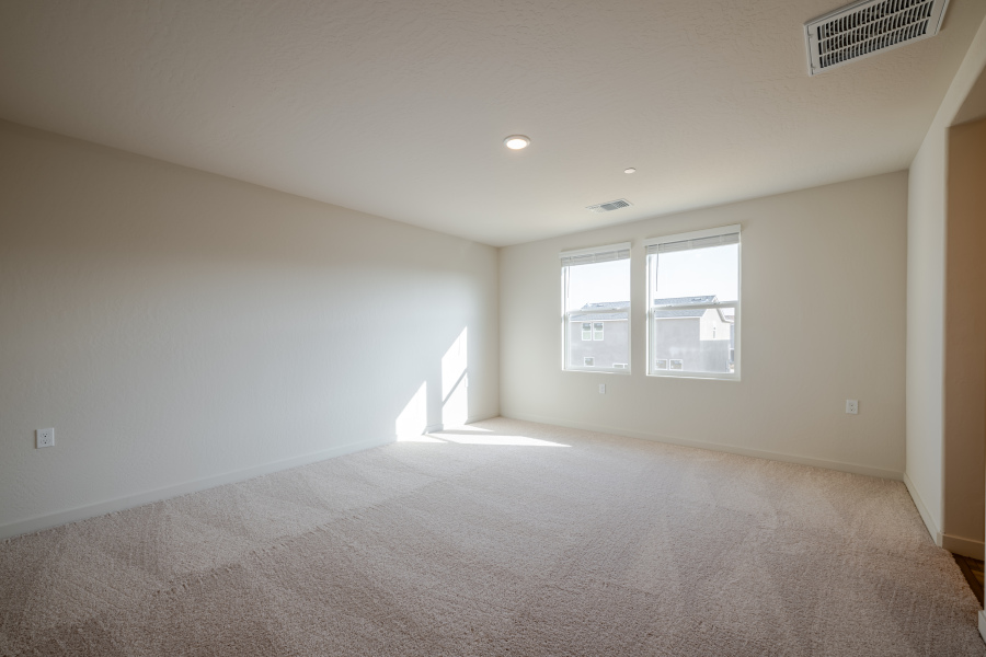 A room with a carpet and windows.