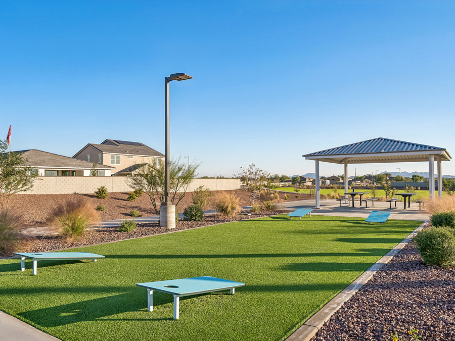 A park with picnic tables.