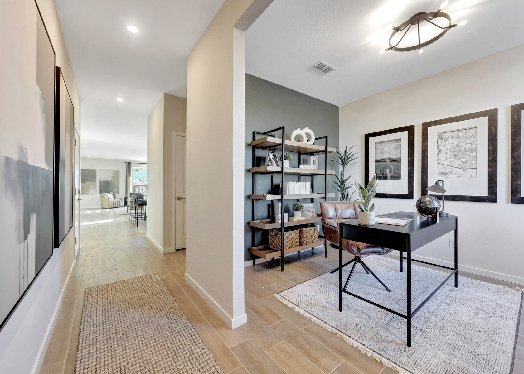 A room with a table and chairs.