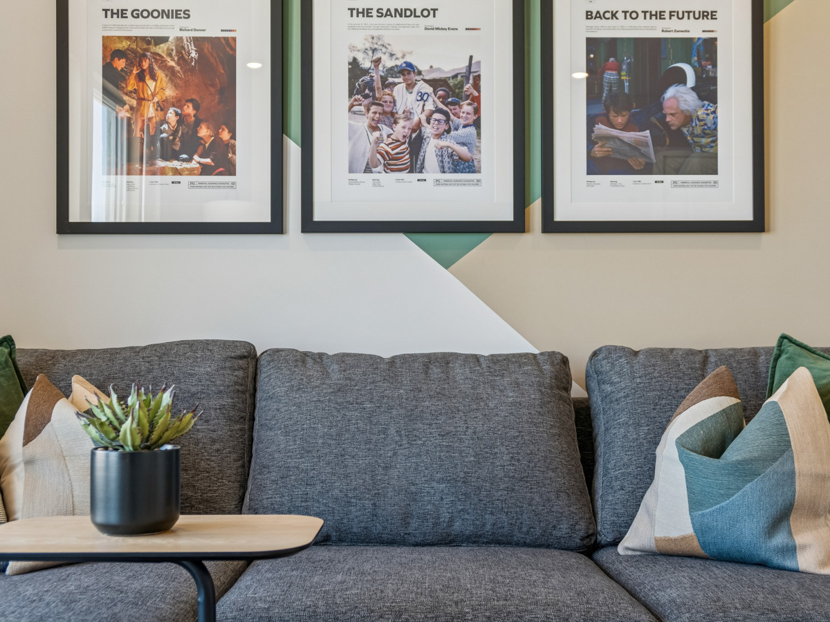 A couch with a plant and pictures on the wall.