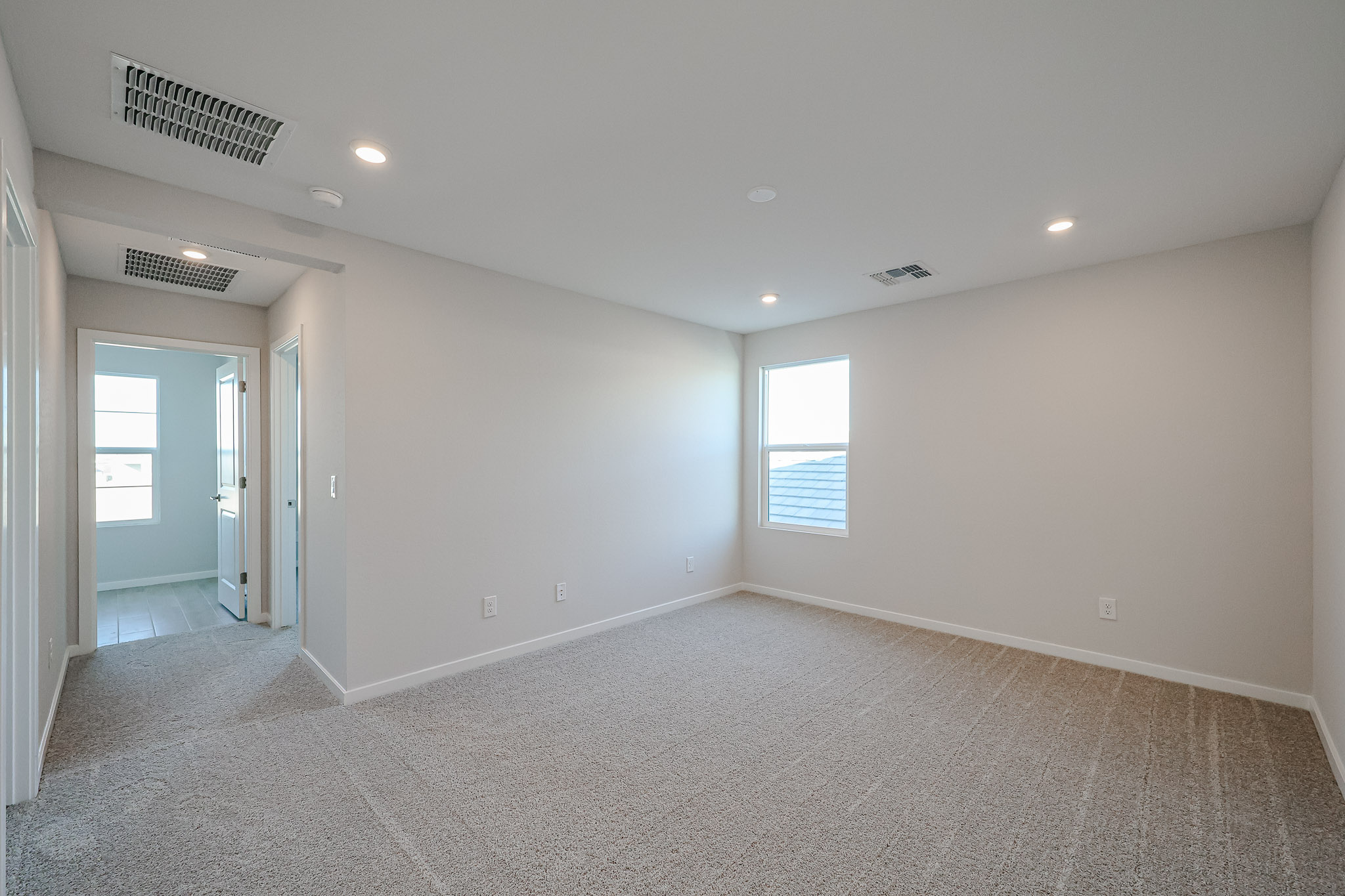 A room with a carpet and windows.