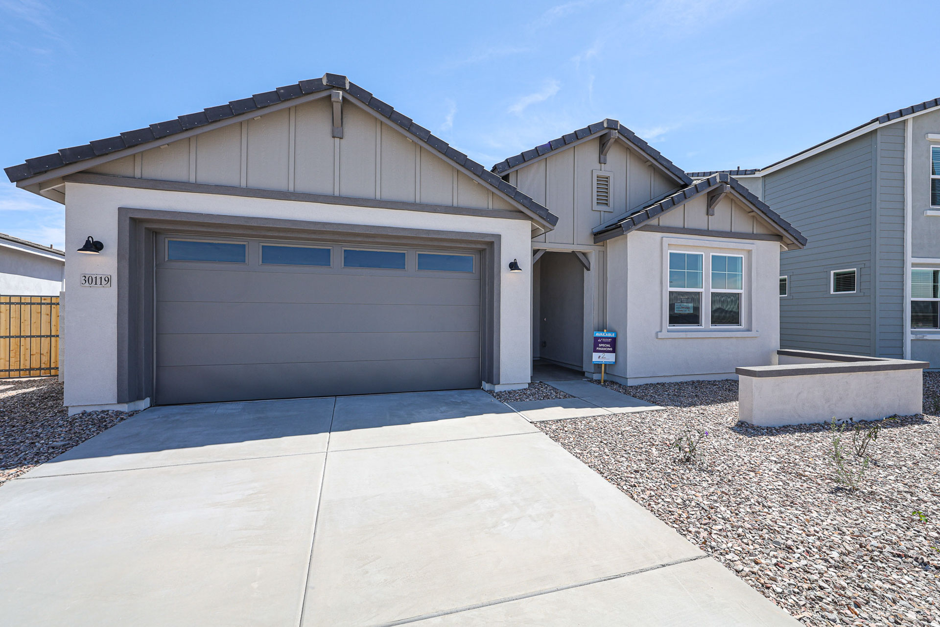 A building with a garage.