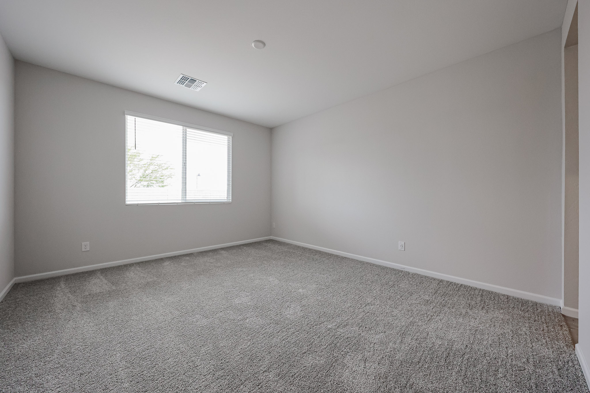 A room with a carpet and a window.