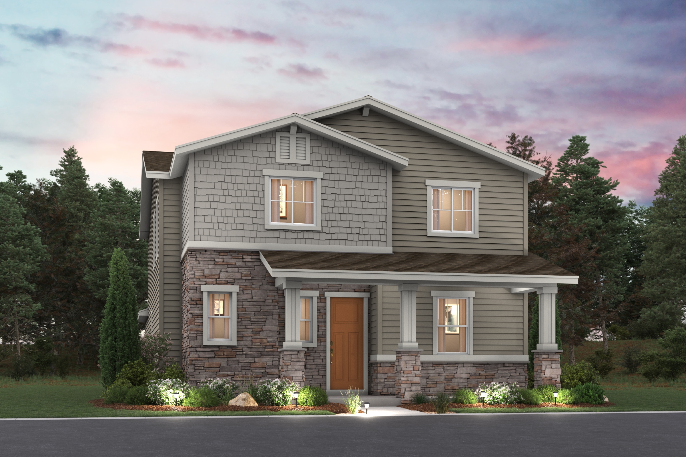 A house with trees in the back.