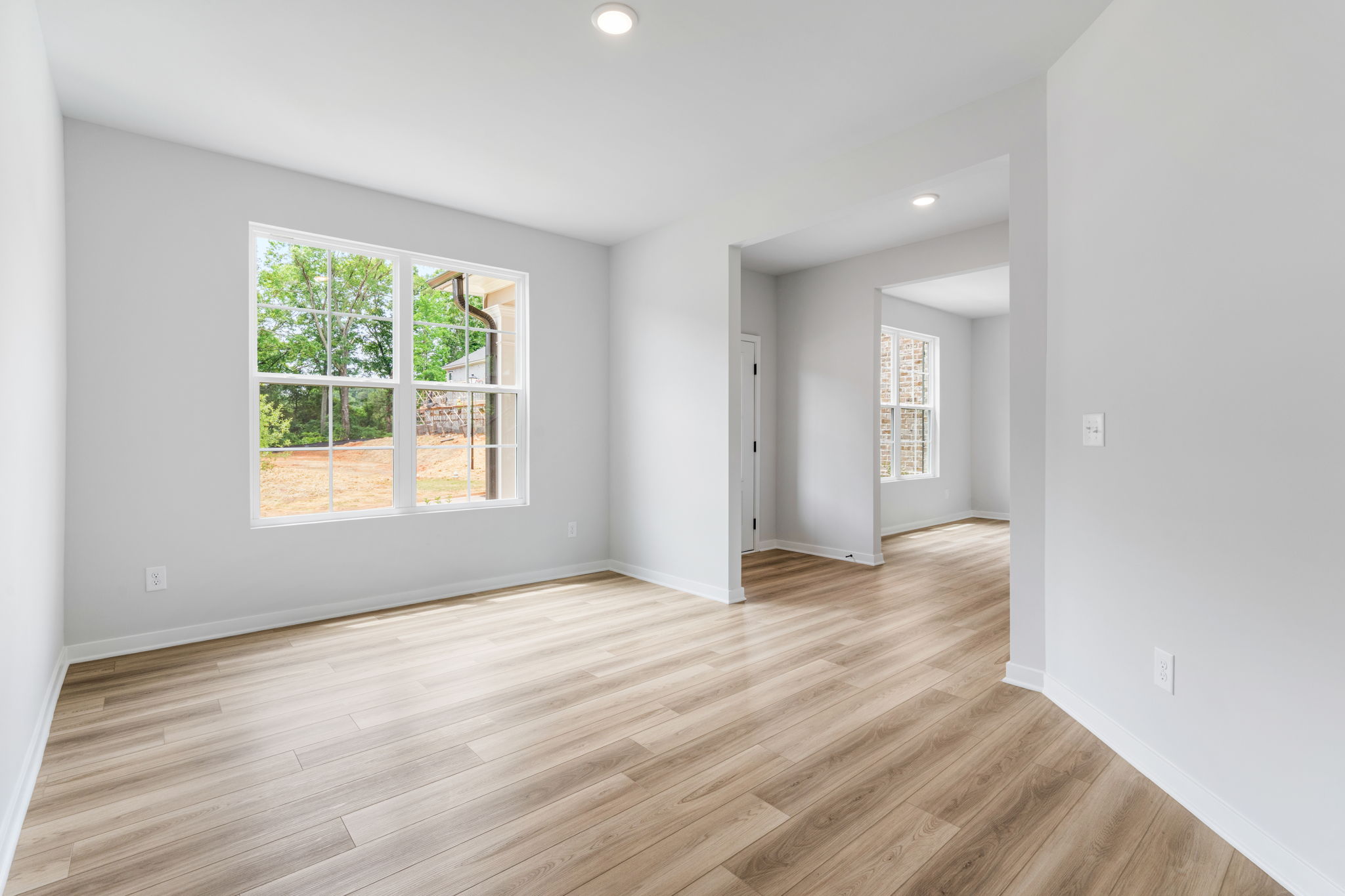 A room with a wood floor and a window.