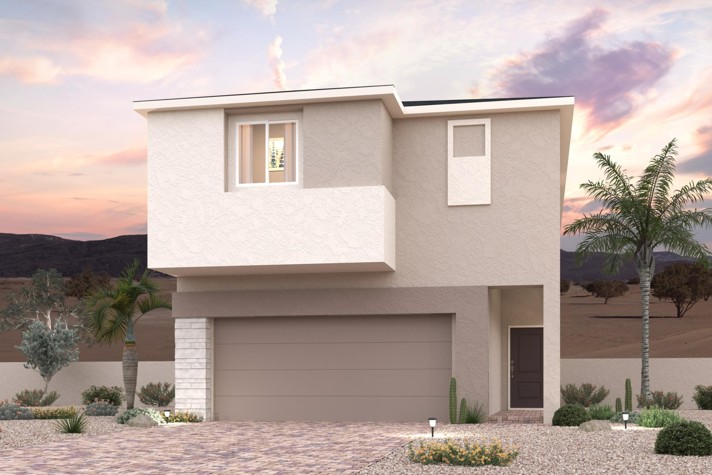 A white house with palm trees.