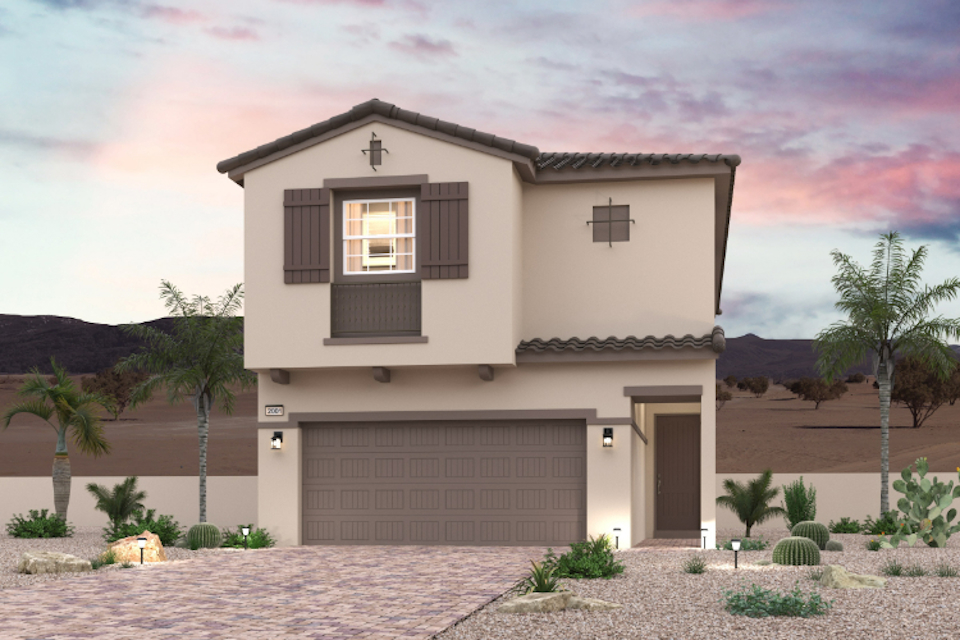 A house with a garage and palm trees.