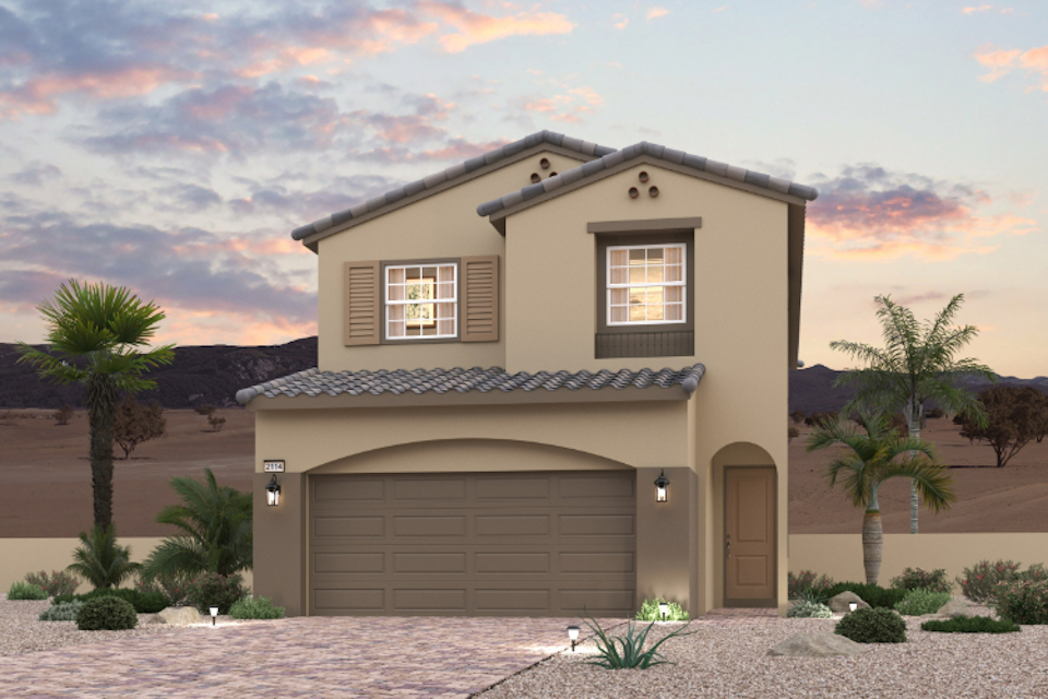 A house with a garage and palm trees.