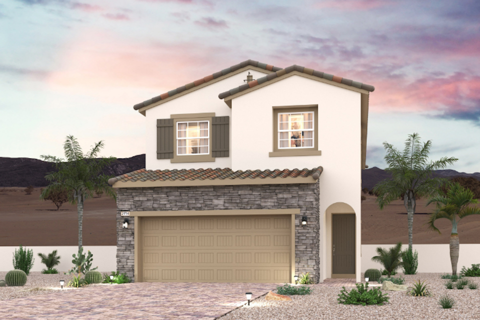 A house with a garage and palm trees.
