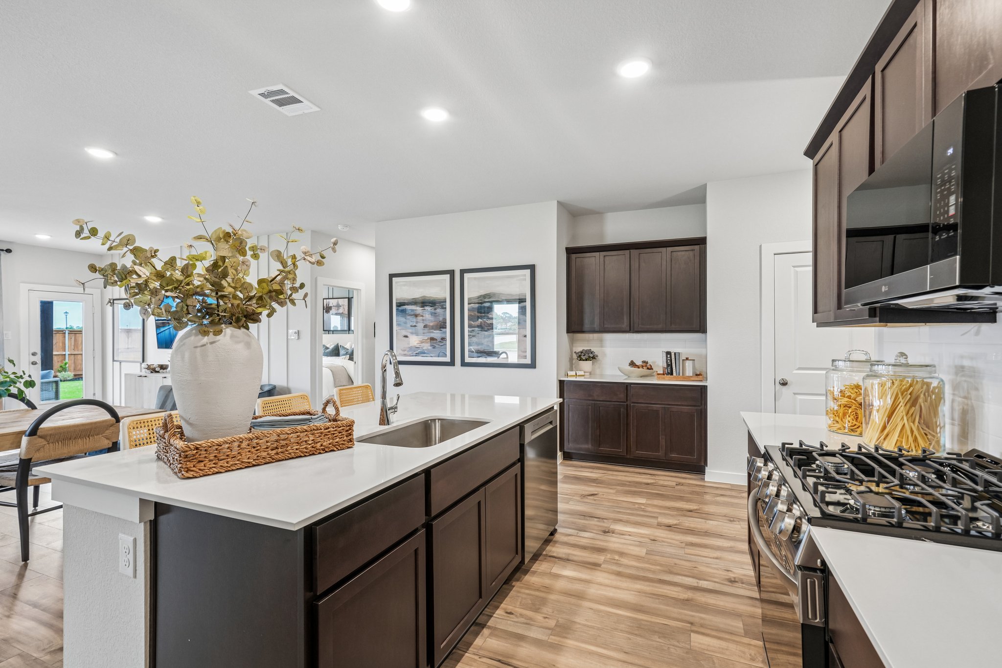 A kitchen with a large island.