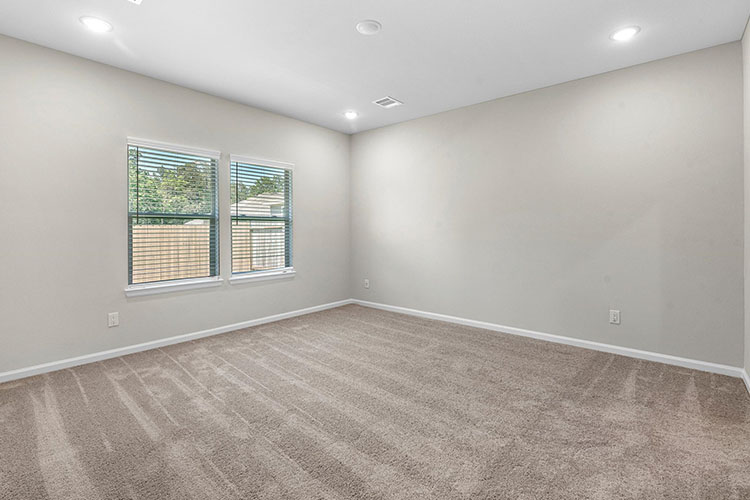 A room with a carpet and windows.