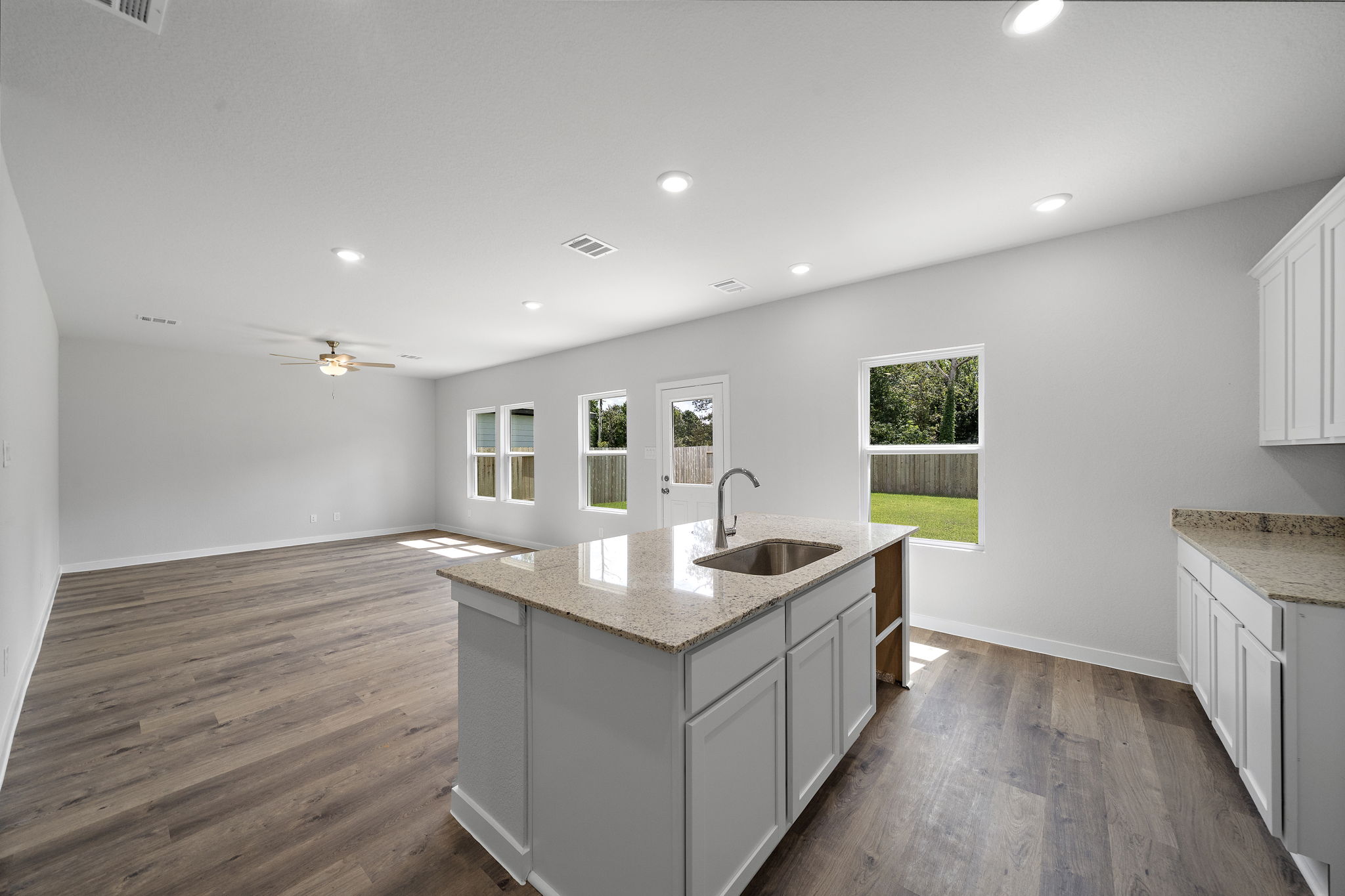 A kitchen with a large island.