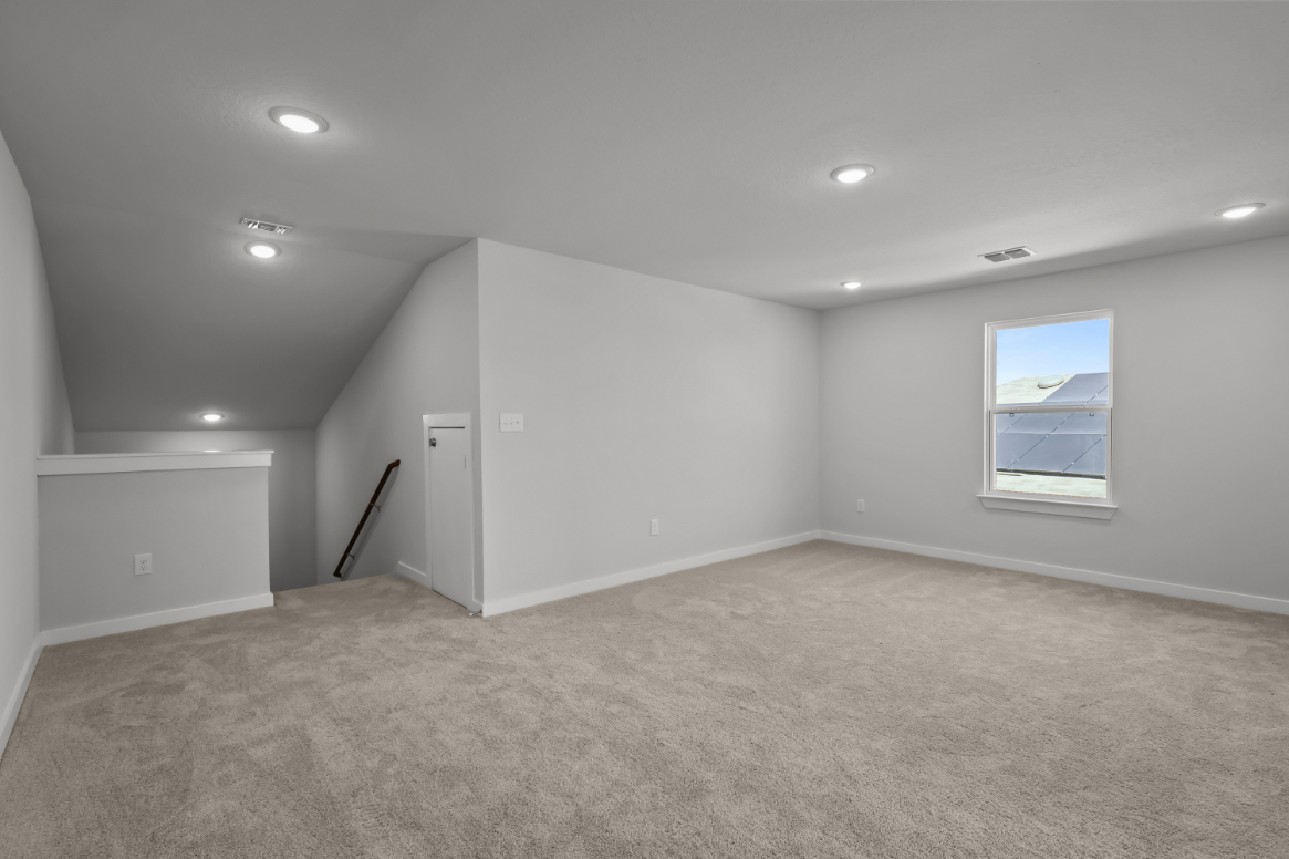 A room with a carpet and a window.