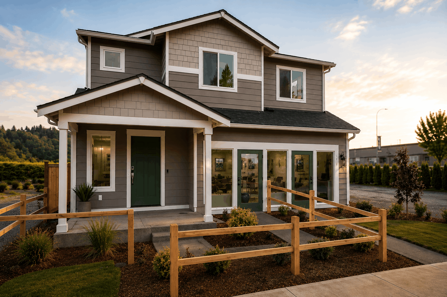 A house with a fence in front.