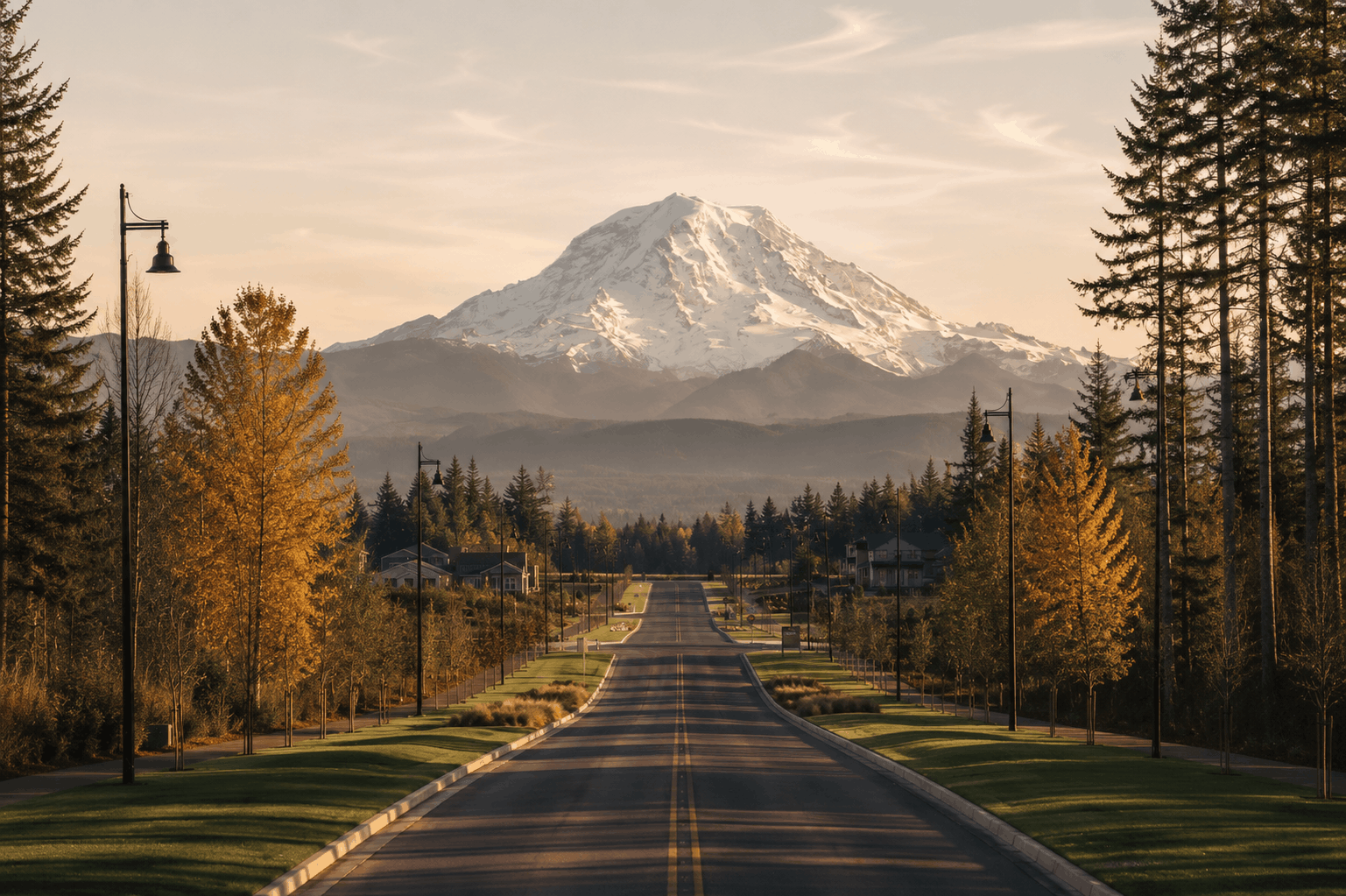 A road with trees and a mountain in the background.
