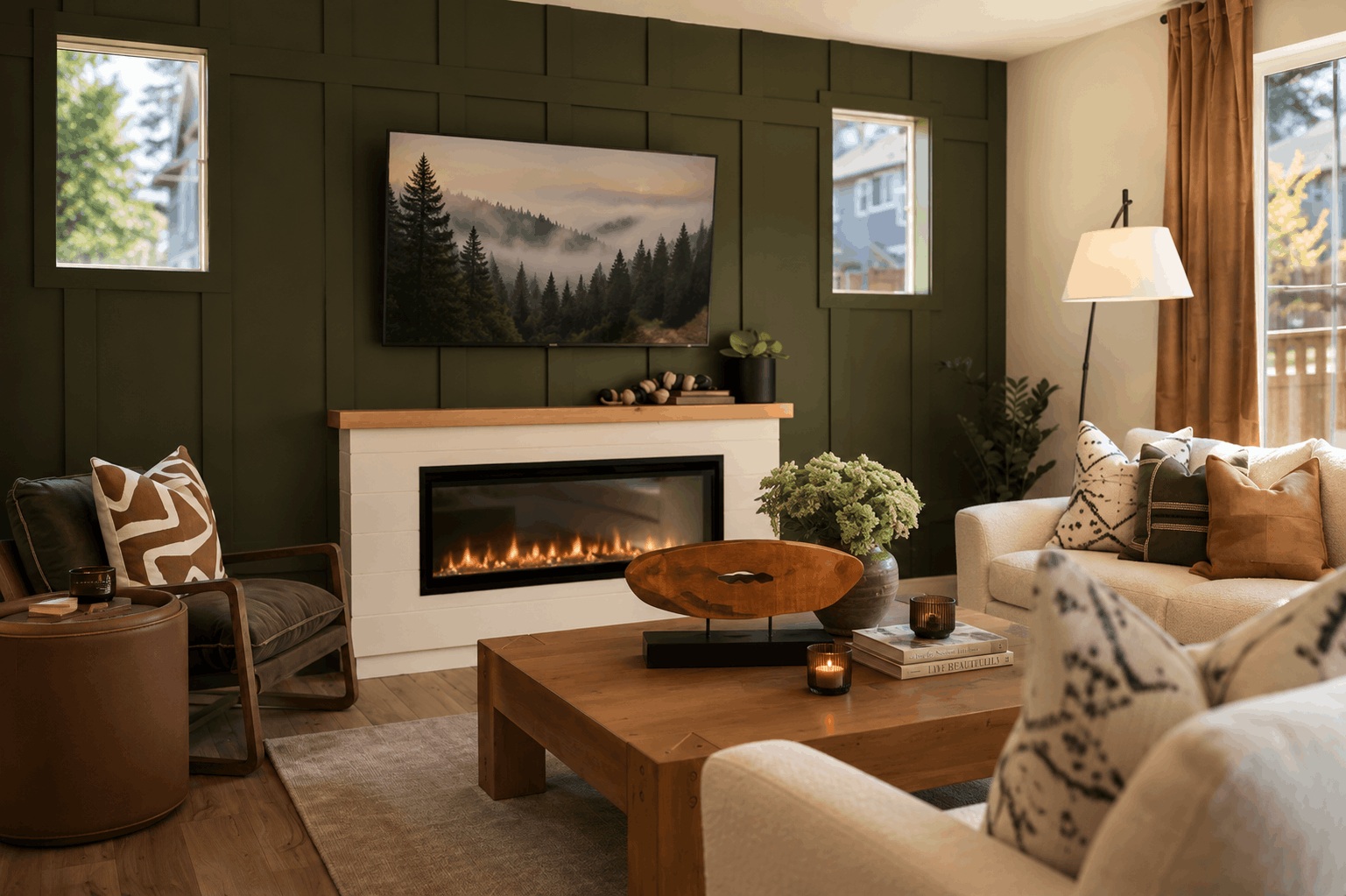 A living room with a fireplace.
