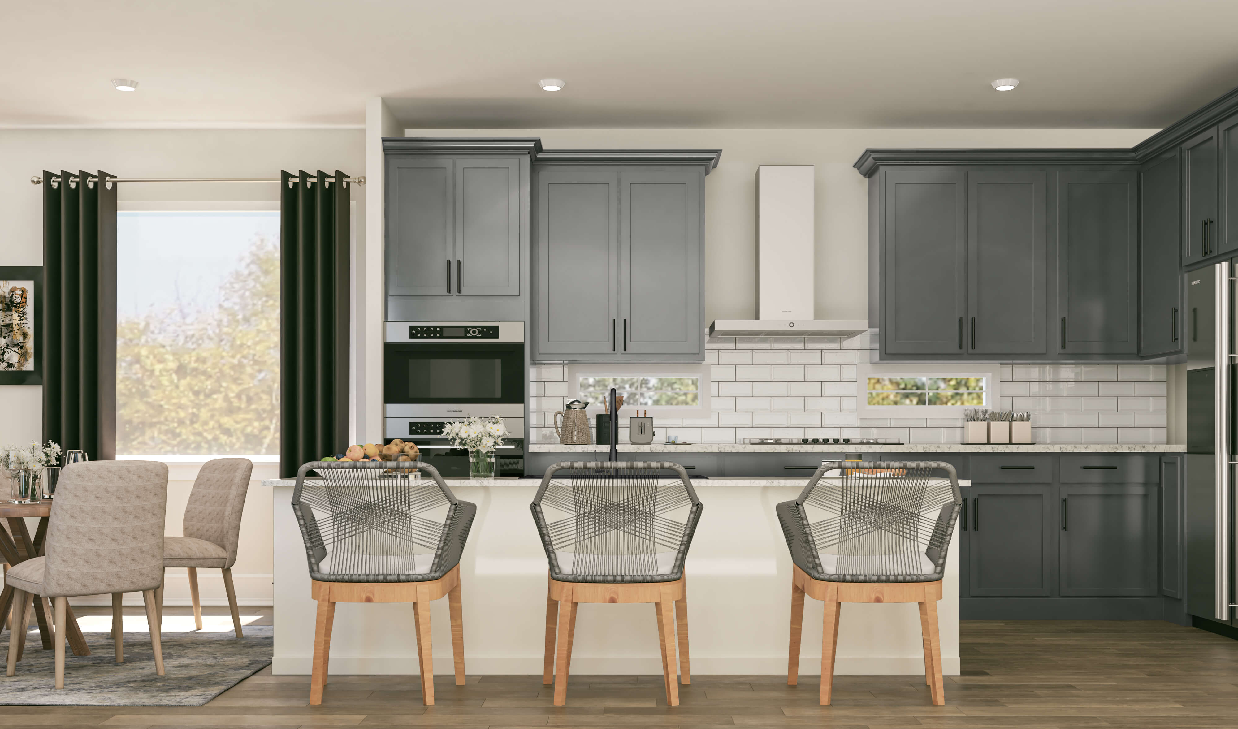 A kitchen with a large island.