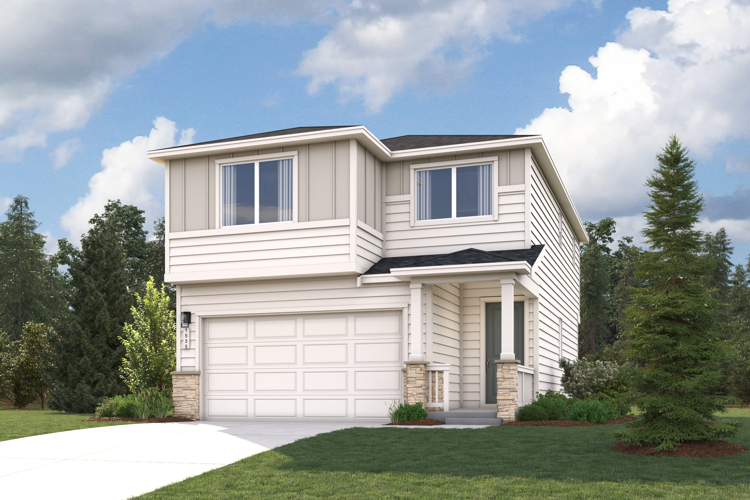 A house with a garage and trees around it.