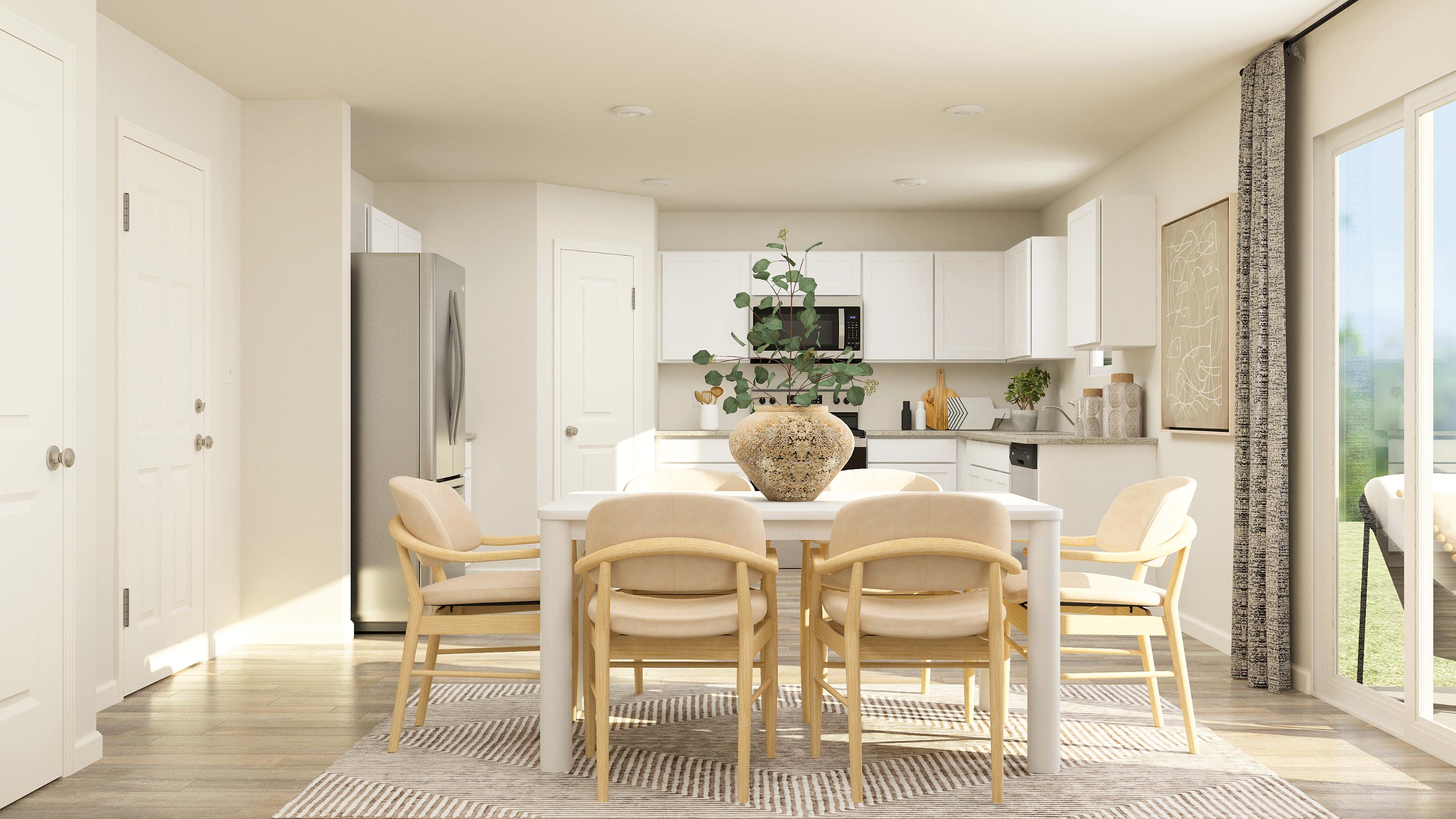 A dining room with a table and chairs.