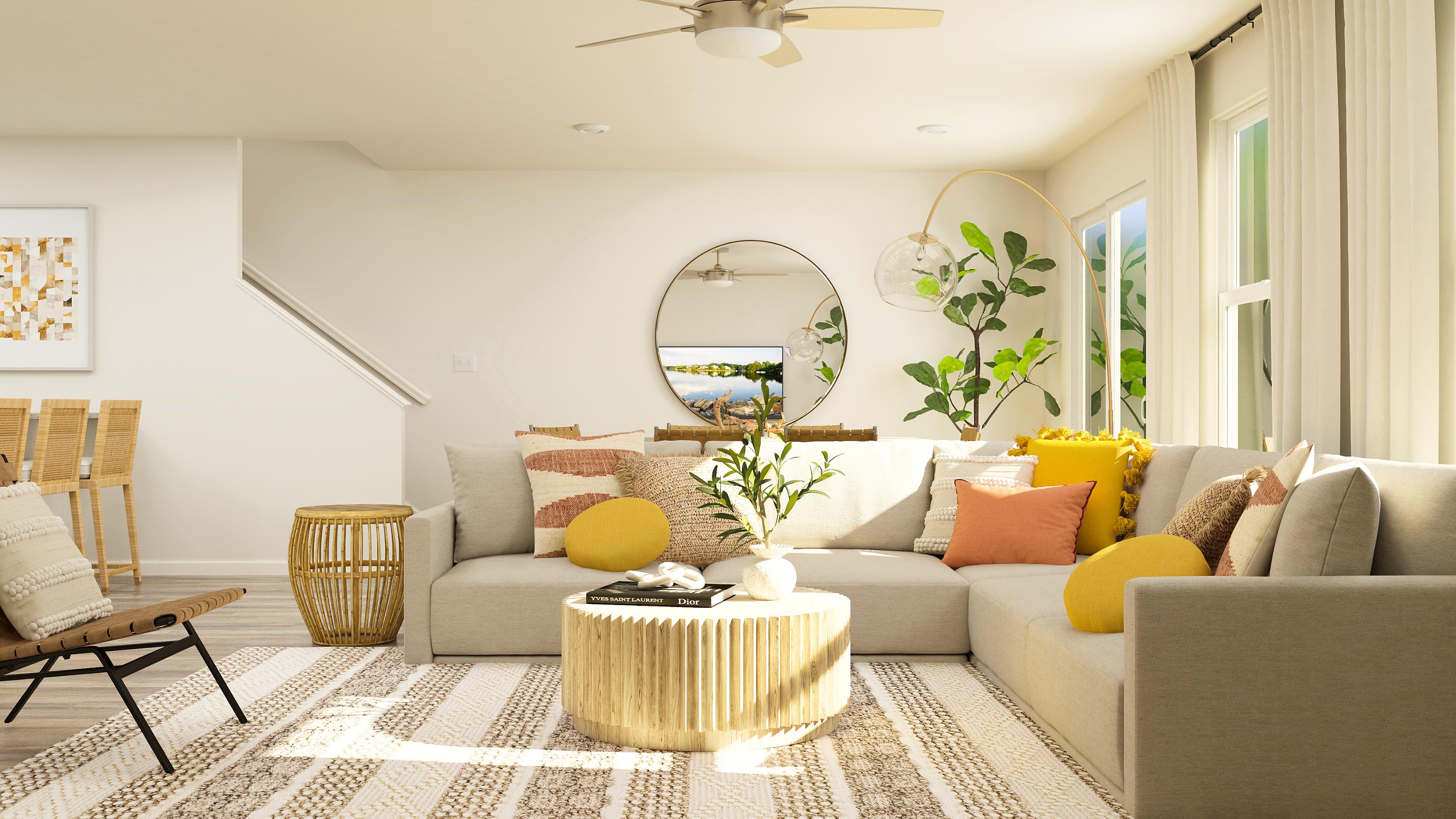 A living room with a large mirror.